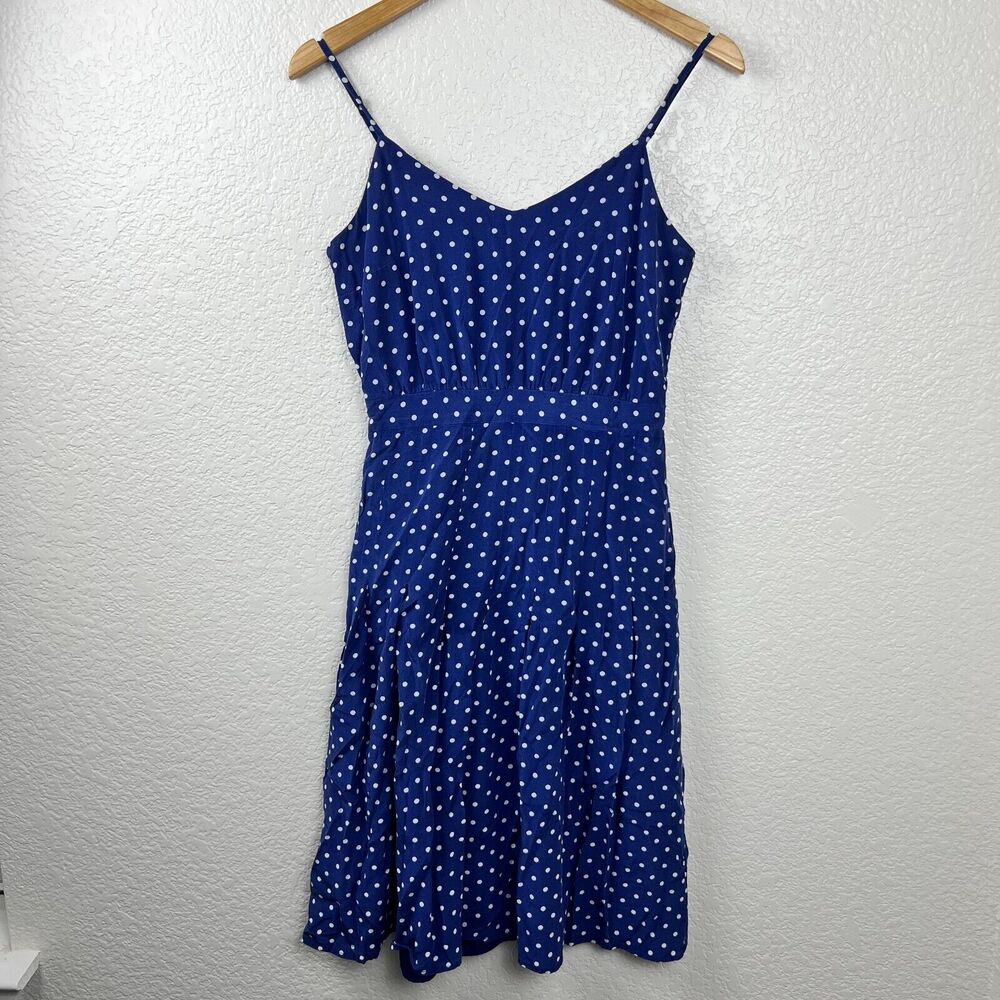 J Crew Womens Blue Spaghetti Strap Polka Dot Classic Coastal Retro Dress 2
